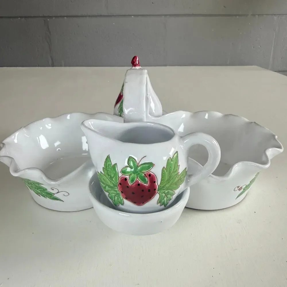 Vintage Italian Pottery Strawberry Creamer Sugar Cottagecore Serving Basket